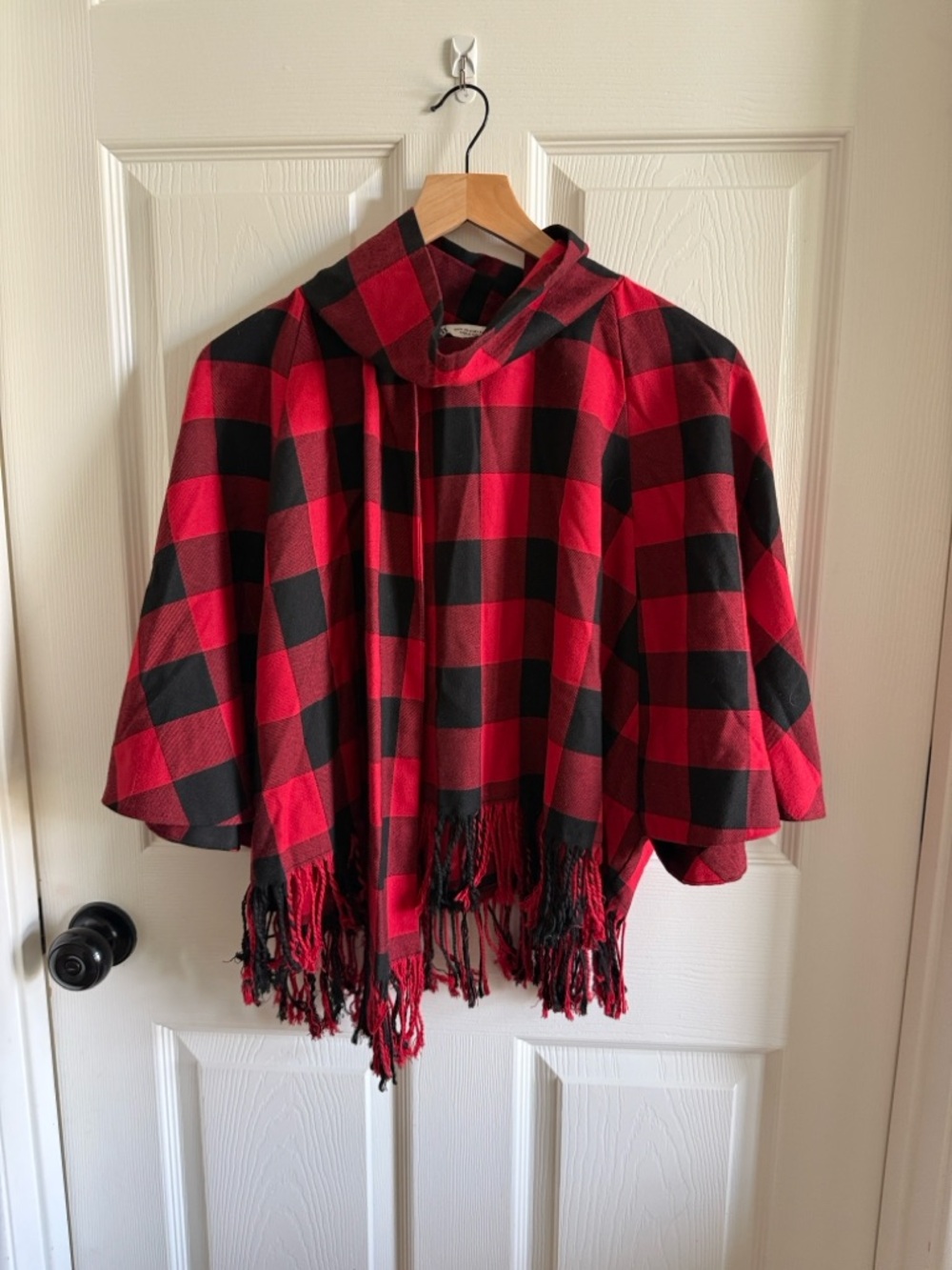 Zara Red and Black Buffalo Plaid Poncho with Fringe